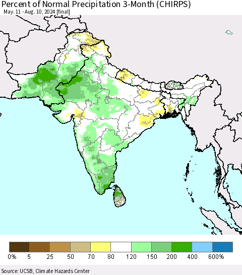 Southern Asia Percent of Normal Precipitation 3-Month (CHIRPS) Thematic Map For 5/11/2024 - 8/10/2024