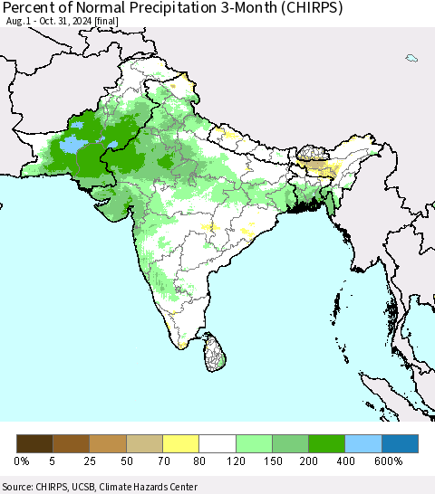 Southern Asia Percent of Normal Precipitation 3-Month (CHIRPS) Thematic Map For 8/1/2024 - 10/31/2024