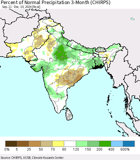 Southern Asia Percent of Normal Precipitation 3-Month (CHIRPS) Thematic Map For 9/11/2024 - 12/10/2024