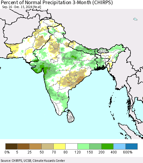 Southern Asia Percent of Normal Precipitation 3-Month (CHIRPS) Thematic Map For 9/16/2024 - 12/15/2024