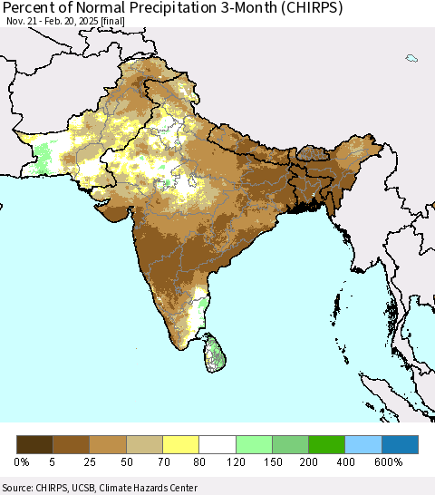 Southern Asia Percent of Normal Precipitation 3-Month (CHIRPS) Thematic Map For 11/21/2024 - 2/20/2025