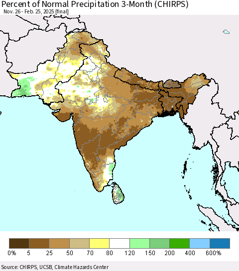 Southern Asia Percent of Normal Precipitation 3-Month (CHIRPS) Thematic Map For 11/26/2024 - 2/25/2025