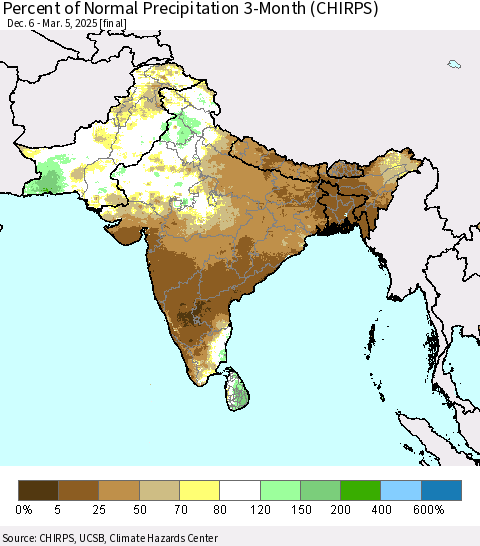 Southern Asia Percent of Normal Precipitation 3-Month (CHIRPS) Thematic Map For 12/6/2024 - 3/5/2025