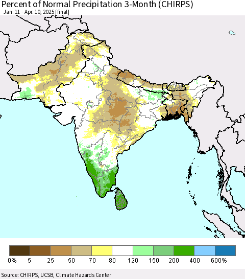 Southern Asia Percent of Normal Precipitation 3-Month (CHIRPS) Thematic Map For 1/11/2025 - 4/10/2025