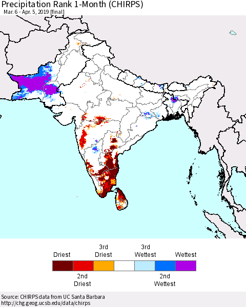 Southern Asia Precipitation Rank 1-Month (CHIRPS) Thematic Map For 3/6/2019 - 4/5/2019