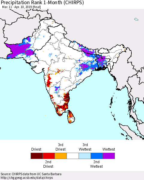 Southern Asia Precipitation Rank 1-Month (CHIRPS) Thematic Map For 3/11/2019 - 4/10/2019