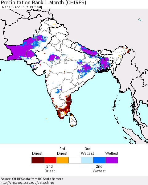 Southern Asia Precipitation Rank since 1981, 1-Month (CHIRPS) Thematic Map For 3/16/2019 - 4/15/2019