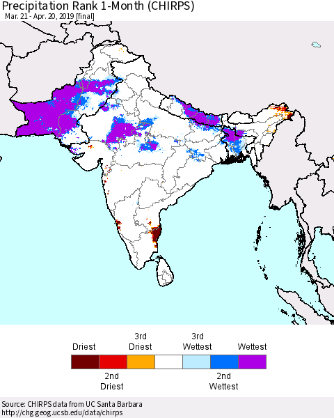 Southern Asia Precipitation Rank 1-Month (CHIRPS) Thematic Map For 3/21/2019 - 4/20/2019