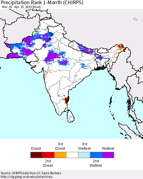 Southern Asia Precipitation Rank since 1981, 1-Month (CHIRPS) Thematic Map For 3/26/2019 - 4/25/2019