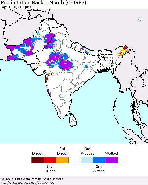 Southern Asia Precipitation Rank since 1981, 1-Month (CHIRPS) Thematic Map For 4/1/2019 - 4/30/2019