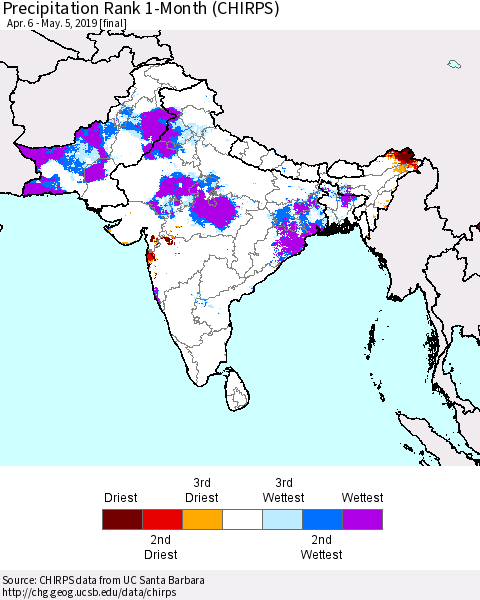 Southern Asia Precipitation Rank since 1981, 1-Month (CHIRPS) Thematic Map For 4/6/2019 - 5/5/2019