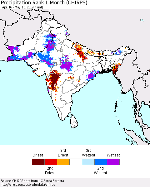 Southern Asia Precipitation Rank 1-Month (CHIRPS) Thematic Map For 4/16/2019 - 5/15/2019