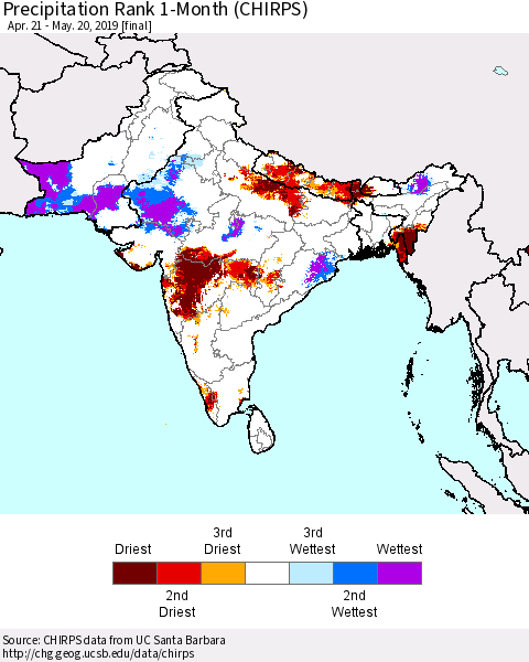 Southern Asia Precipitation Rank 1-Month (CHIRPS) Thematic Map For 4/21/2019 - 5/20/2019