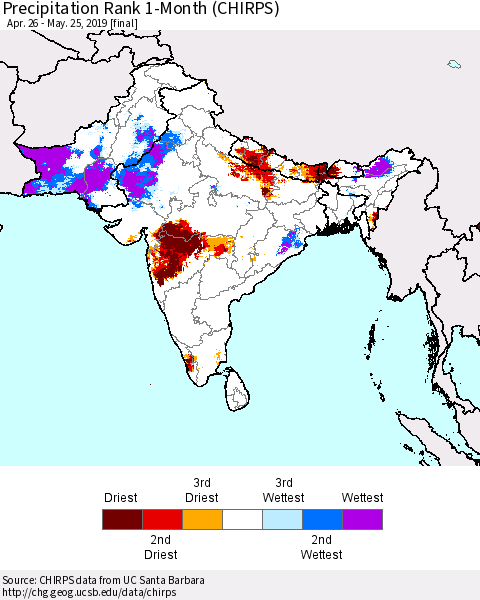 Southern Asia Precipitation Rank 1-Month (CHIRPS) Thematic Map For 4/26/2019 - 5/25/2019