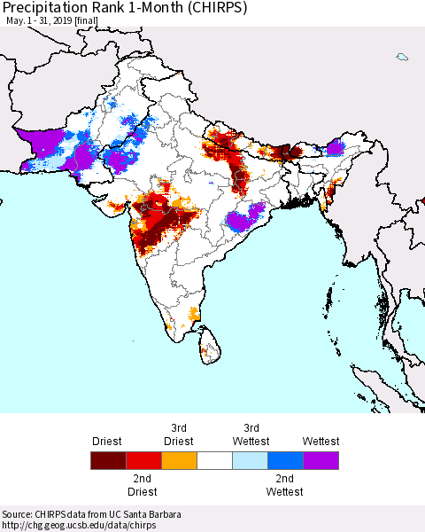 Southern Asia Precipitation Rank since 1981, 1-Month (CHIRPS) Thematic Map For 5/1/2019 - 5/31/2019