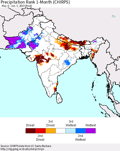 Southern Asia Precipitation Rank since 1981, 1-Month (CHIRPS) Thematic Map For 5/6/2019 - 6/5/2019