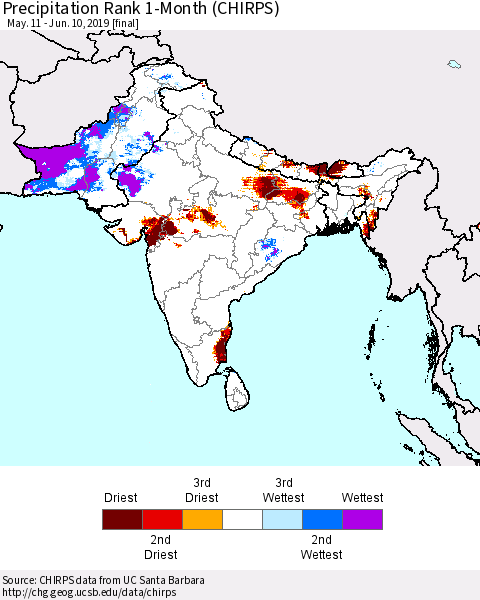 Southern Asia Precipitation Rank since 1981, 1-Month (CHIRPS) Thematic Map For 5/11/2019 - 6/10/2019
