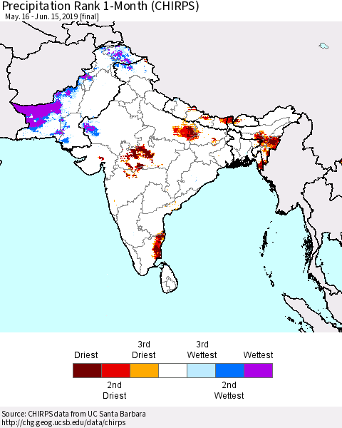 Southern Asia Precipitation Rank 1-Month (CHIRPS) Thematic Map For 5/16/2019 - 6/15/2019