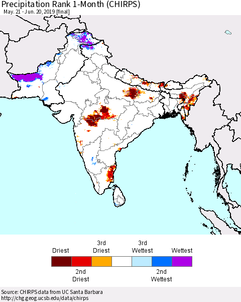 Southern Asia Precipitation Rank 1-Month (CHIRPS) Thematic Map For 5/21/2019 - 6/20/2019