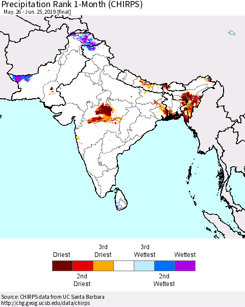 Southern Asia Precipitation Rank 1-Month (CHIRPS) Thematic Map For 5/26/2019 - 6/25/2019