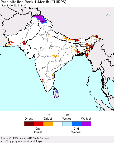 Southern Asia Precipitation Rank 1-Month (CHIRPS) Thematic Map For 6/1/2019 - 6/30/2019
