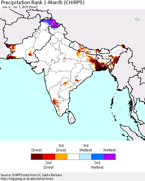 Southern Asia Precipitation Rank 1-Month (CHIRPS) Thematic Map For 6/6/2019 - 7/5/2019