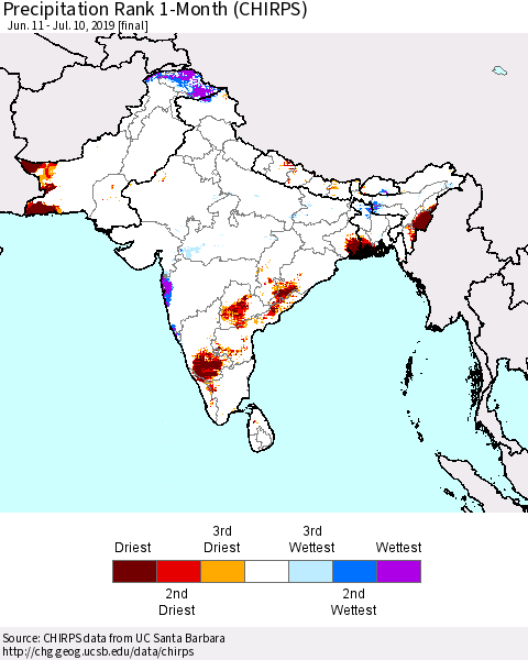 Southern Asia Precipitation Rank 1-Month (CHIRPS) Thematic Map For 6/11/2019 - 7/10/2019