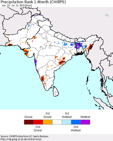 Southern Asia Precipitation Rank 1-Month (CHIRPS) Thematic Map For 6/16/2019 - 7/15/2019