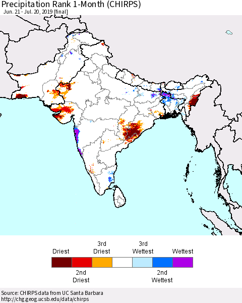 Southern Asia Precipitation Rank 1-Month (CHIRPS) Thematic Map For 6/21/2019 - 7/20/2019