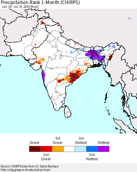 Southern Asia Precipitation Rank 1-Month (CHIRPS) Thematic Map For 6/26/2019 - 7/25/2019