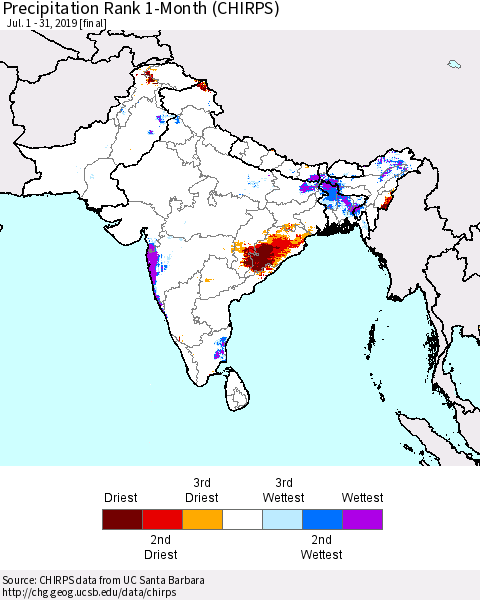 Southern Asia Precipitation Rank 1-Month (CHIRPS) Thematic Map For 7/1/2019 - 7/31/2019