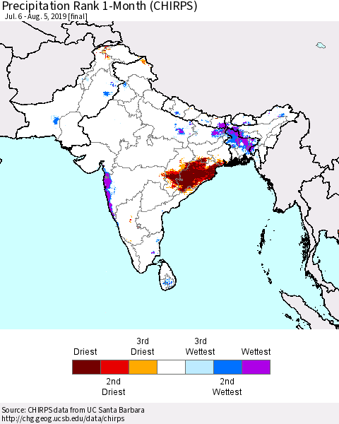 Southern Asia Precipitation Rank 1-Month (CHIRPS) Thematic Map For 7/6/2019 - 8/5/2019