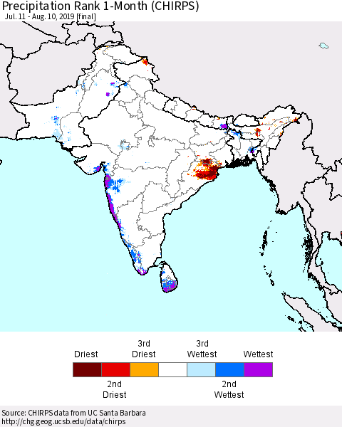 Southern Asia Precipitation Rank 1-Month (CHIRPS) Thematic Map For 7/11/2019 - 8/10/2019