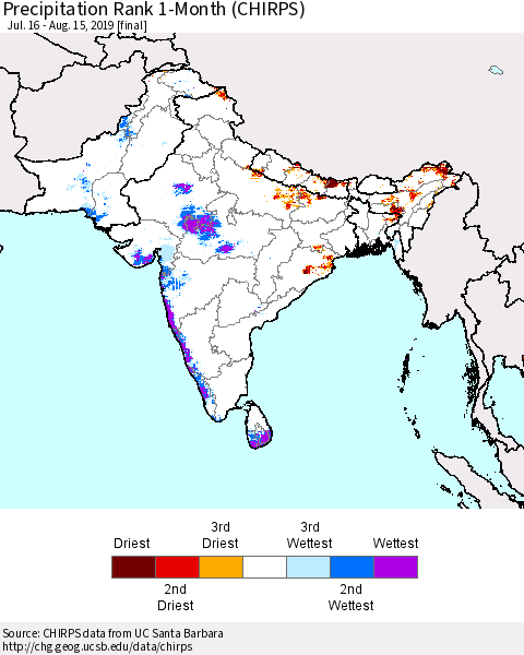 Southern Asia Precipitation Rank 1-Month (CHIRPS) Thematic Map For 7/16/2019 - 8/15/2019