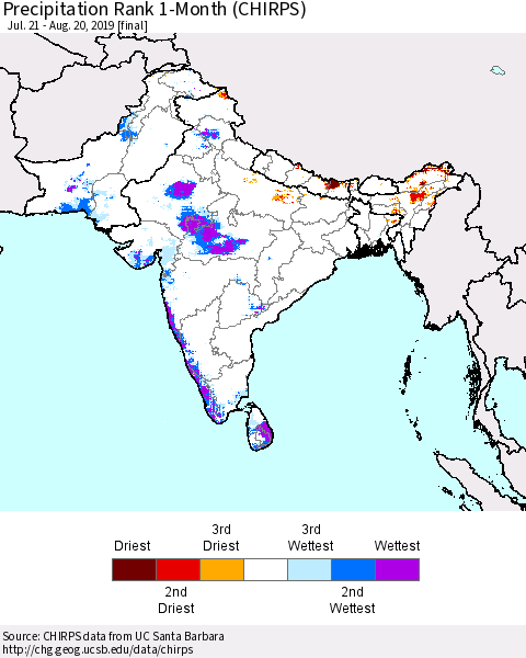 Southern Asia Precipitation Rank 1-Month (CHIRPS) Thematic Map For 7/21/2019 - 8/20/2019