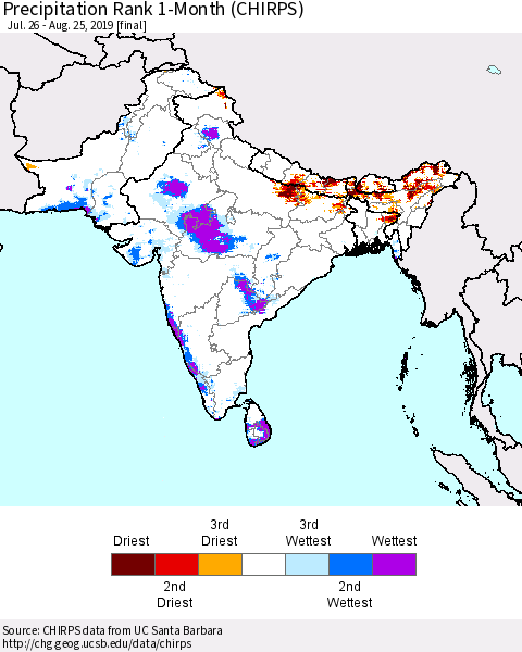 Southern Asia Precipitation Rank 1-Month (CHIRPS) Thematic Map For 7/26/2019 - 8/25/2019