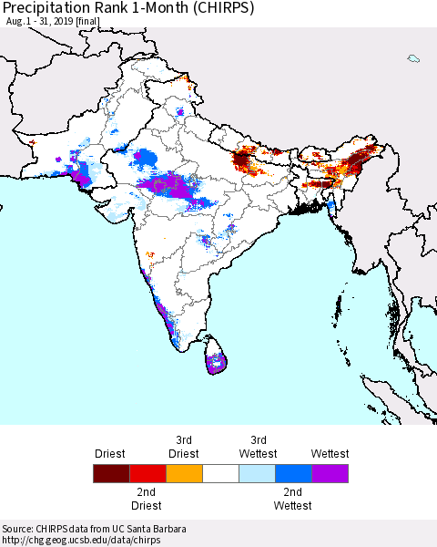 Southern Asia Precipitation Rank 1-Month (CHIRPS) Thematic Map For 8/1/2019 - 8/31/2019