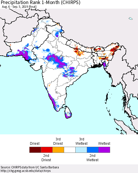 Southern Asia Precipitation Rank 1-Month (CHIRPS) Thematic Map For 8/6/2019 - 9/5/2019