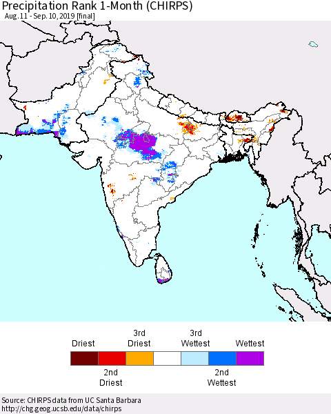 Southern Asia Precipitation Rank 1-Month (CHIRPS) Thematic Map For 8/11/2019 - 9/10/2019