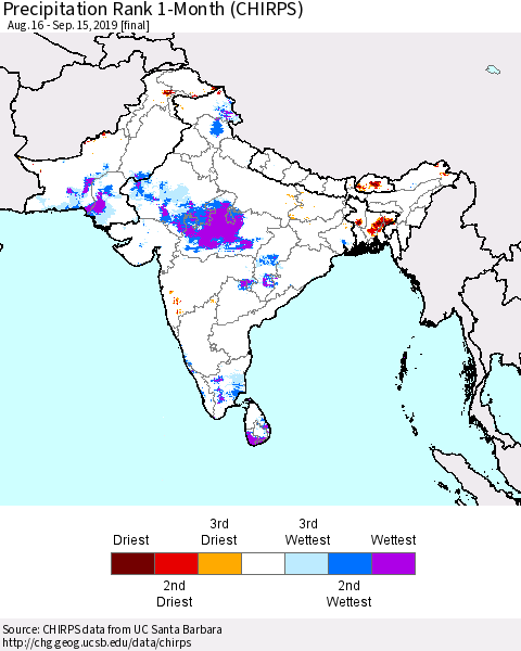 Southern Asia Precipitation Rank 1-Month (CHIRPS) Thematic Map For 8/16/2019 - 9/15/2019