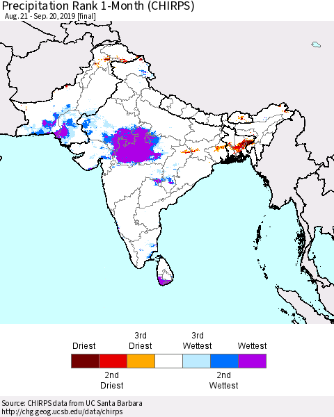 Southern Asia Precipitation Rank 1-Month (CHIRPS) Thematic Map For 8/21/2019 - 9/20/2019