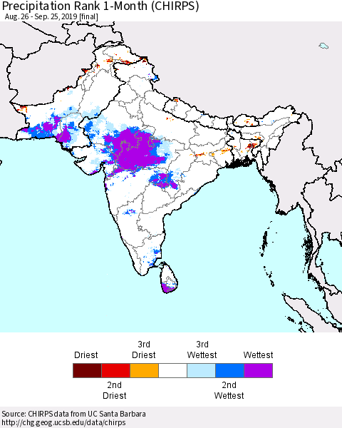 Southern Asia Precipitation Rank since 1981, 1-Month (CHIRPS) Thematic Map For 8/26/2019 - 9/25/2019