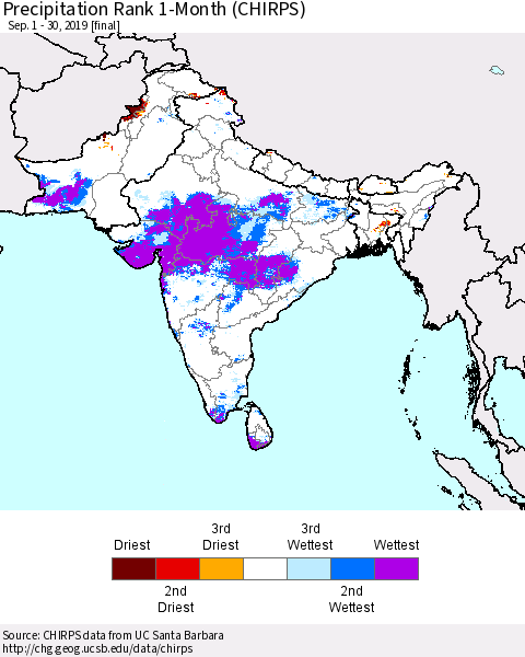 Southern Asia Precipitation Rank 1-Month (CHIRPS) Thematic Map For 9/1/2019 - 9/30/2019
