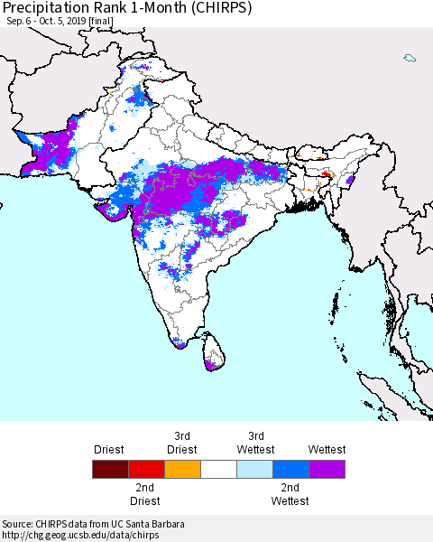 Southern Asia Precipitation Rank 1-Month (CHIRPS) Thematic Map For 9/6/2019 - 10/5/2019
