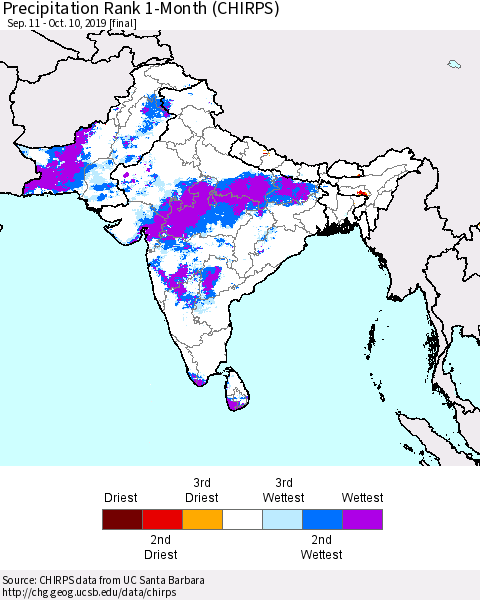 Southern Asia Precipitation Rank 1-Month (CHIRPS) Thematic Map For 9/11/2019 - 10/10/2019