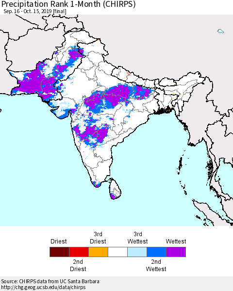 Southern Asia Precipitation Rank 1-Month (CHIRPS) Thematic Map For 9/16/2019 - 10/15/2019