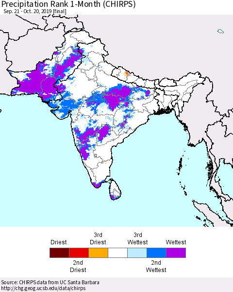 Southern Asia Precipitation Rank 1-Month (CHIRPS) Thematic Map For 9/21/2019 - 10/20/2019