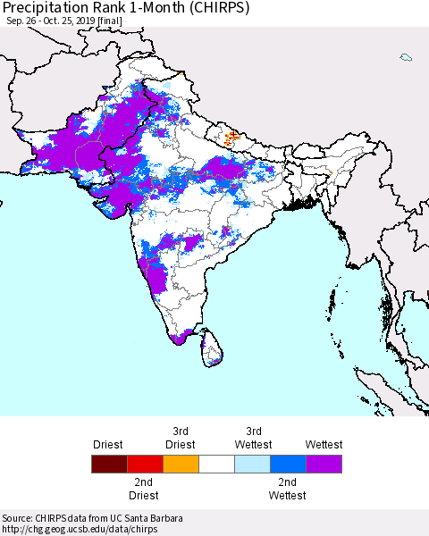 Southern Asia Precipitation Rank 1-Month (CHIRPS) Thematic Map For 9/26/2019 - 10/25/2019