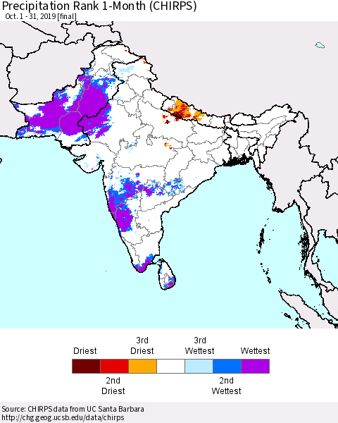 Southern Asia Precipitation Rank 1-Month (CHIRPS) Thematic Map For 10/1/2019 - 10/31/2019