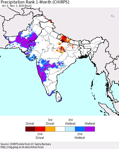 Southern Asia Precipitation Rank since 1981, 1-Month (CHIRPS) Thematic Map For 10/6/2019 - 11/5/2019